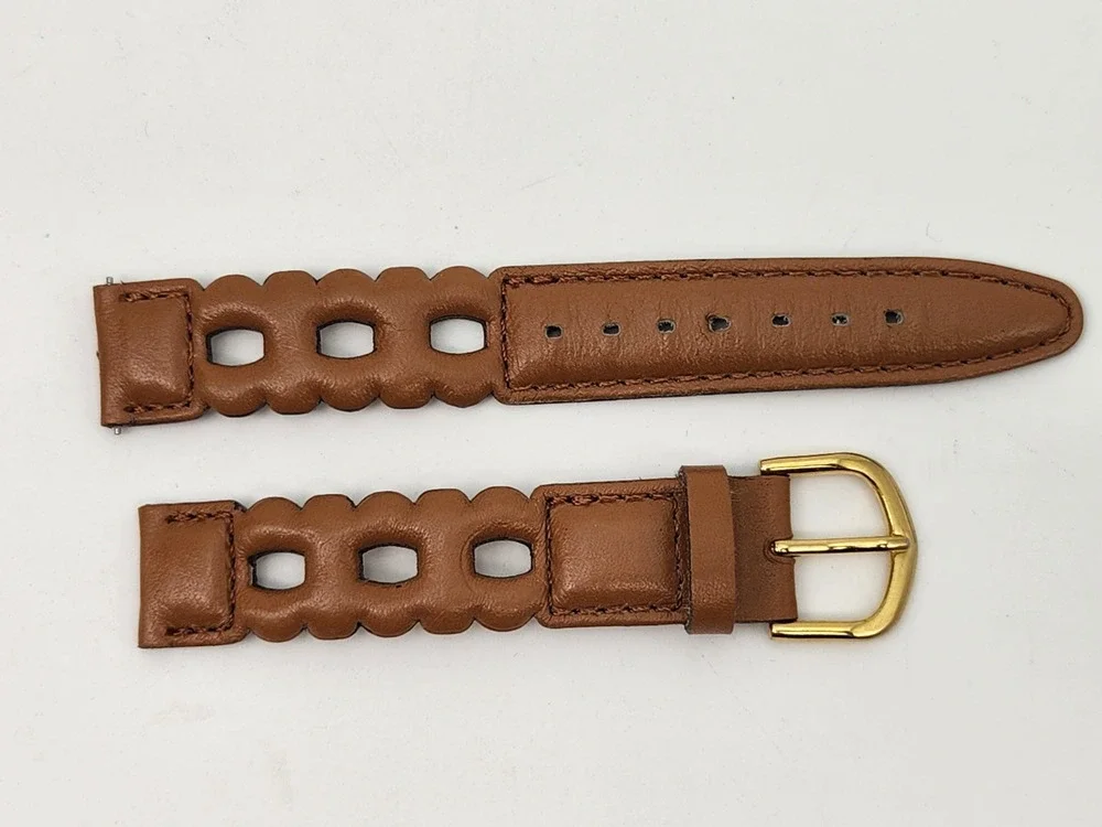 Vintage 16mm Hong Kong Cutout Pattern Brown Leather Watch Strap